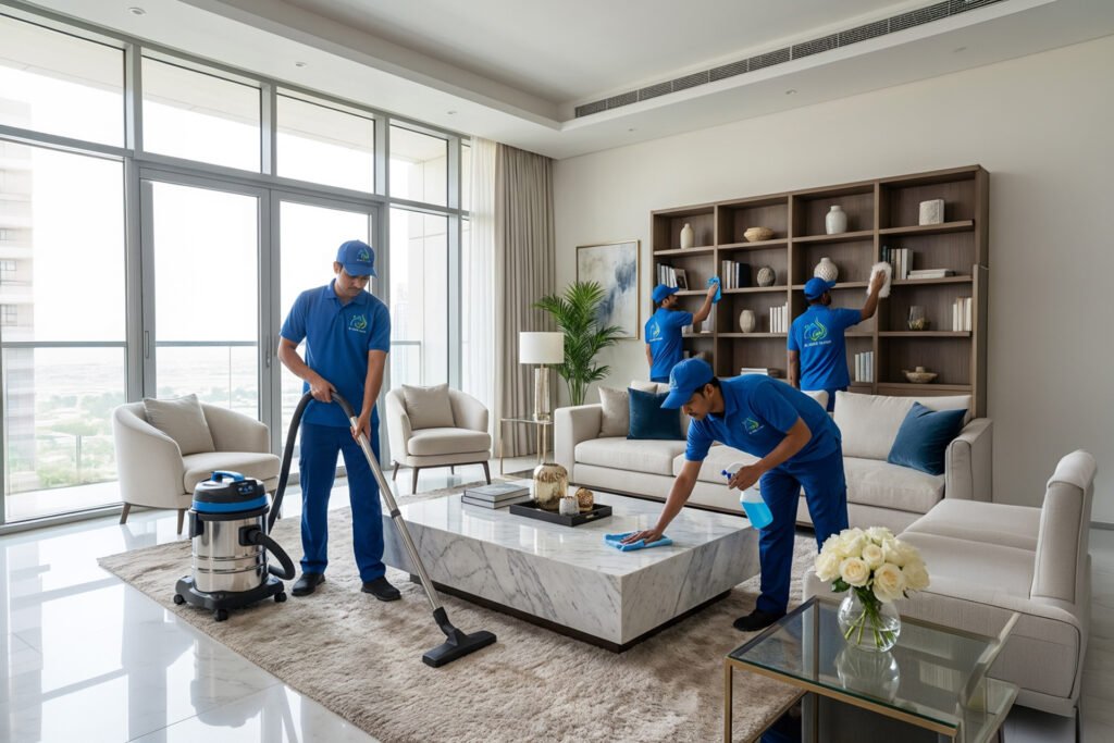الصفحة الرئيسية فريق شركة النور كلين أثناء تنظيف منزل حديث في الإمارات باستخدام معدات احترافية